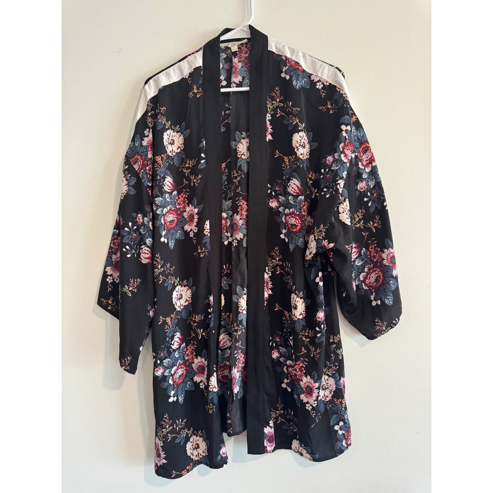 Pink Rose Floral Kimono Women Large Black Sporty Stripe Open Front Cardiganā